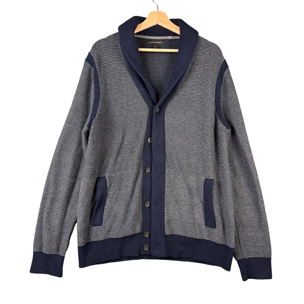 Banana Republic Mens XL Navy Blue Birdseye Shawl Collar Grandpa Cardigan Sweater - Picture 2 of 8